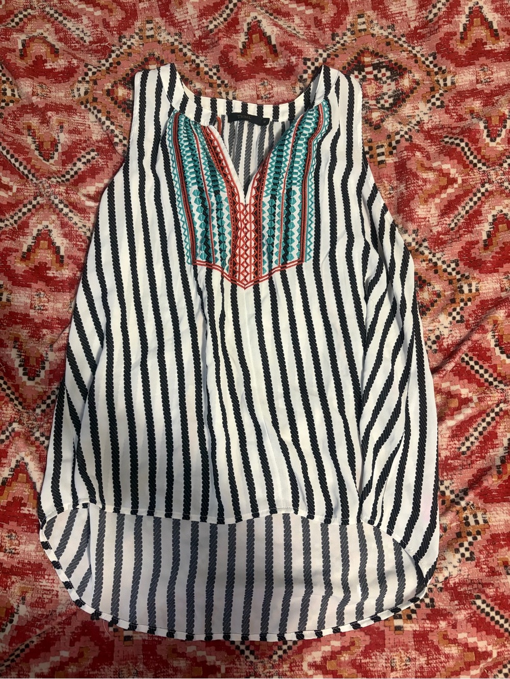 THML Black & White Striped Sleeveless Camisole with Teal and Coral Embroidery
